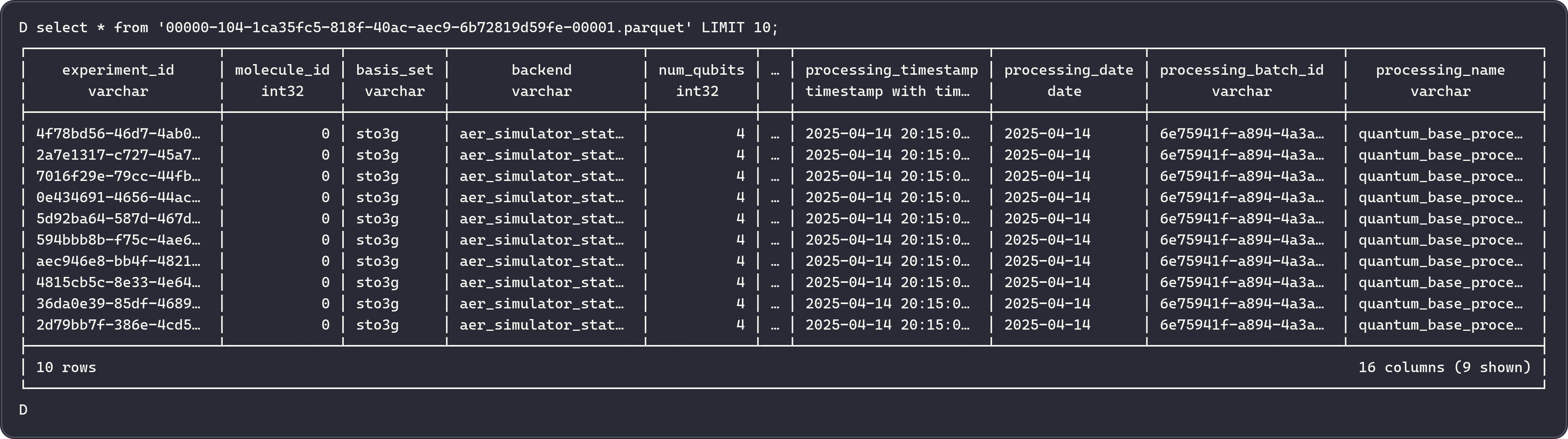Preview of processed Parquet feature data showing structured columns and values