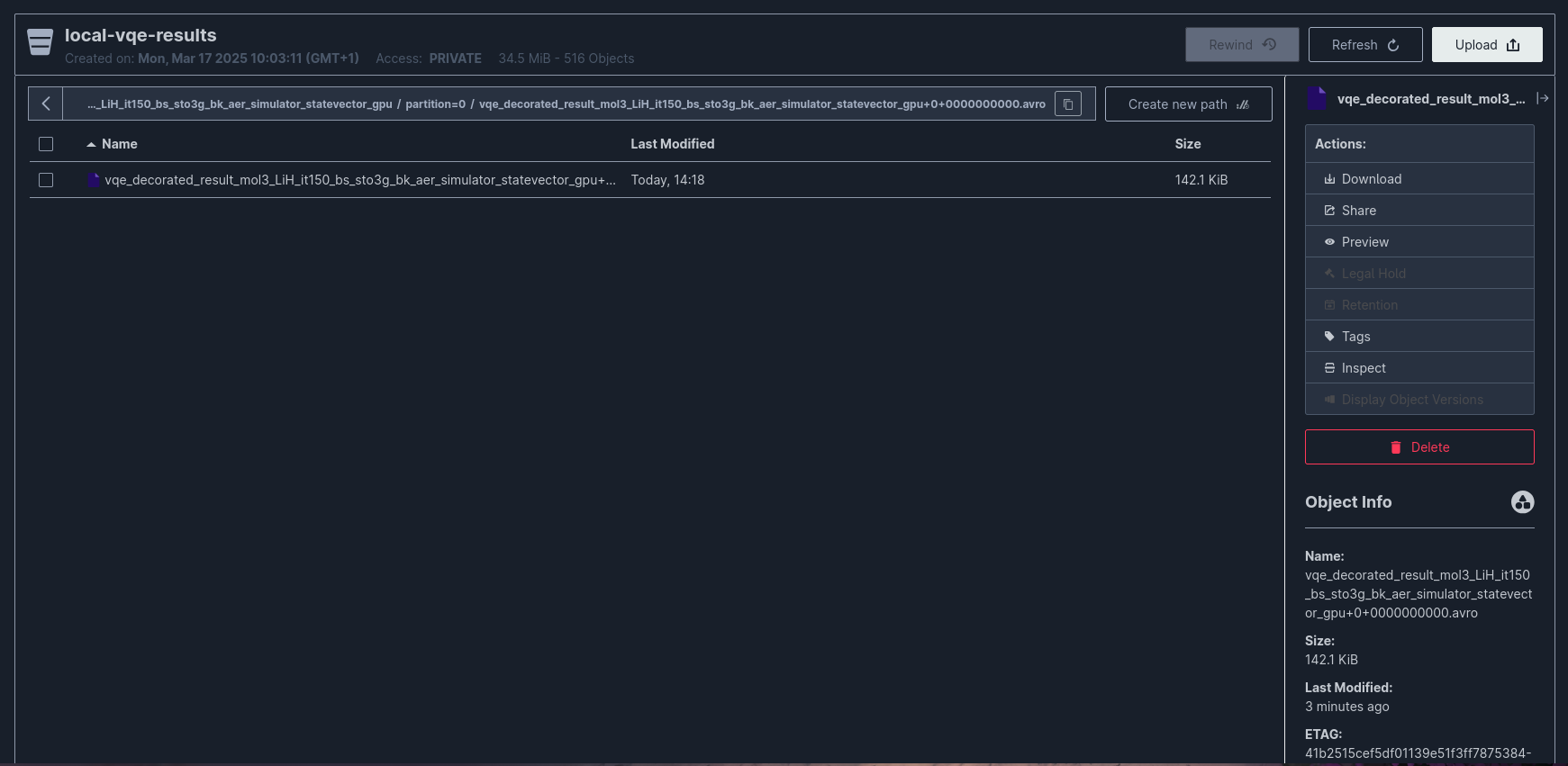 MinIO web console showing the bucket structure with LiH molecule experiment data